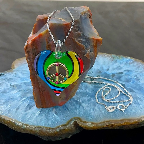 Glass Baron Jewelry - Glass Baron Glass Art Rainbow Heart Shaped Peace Sign 16” Necklace